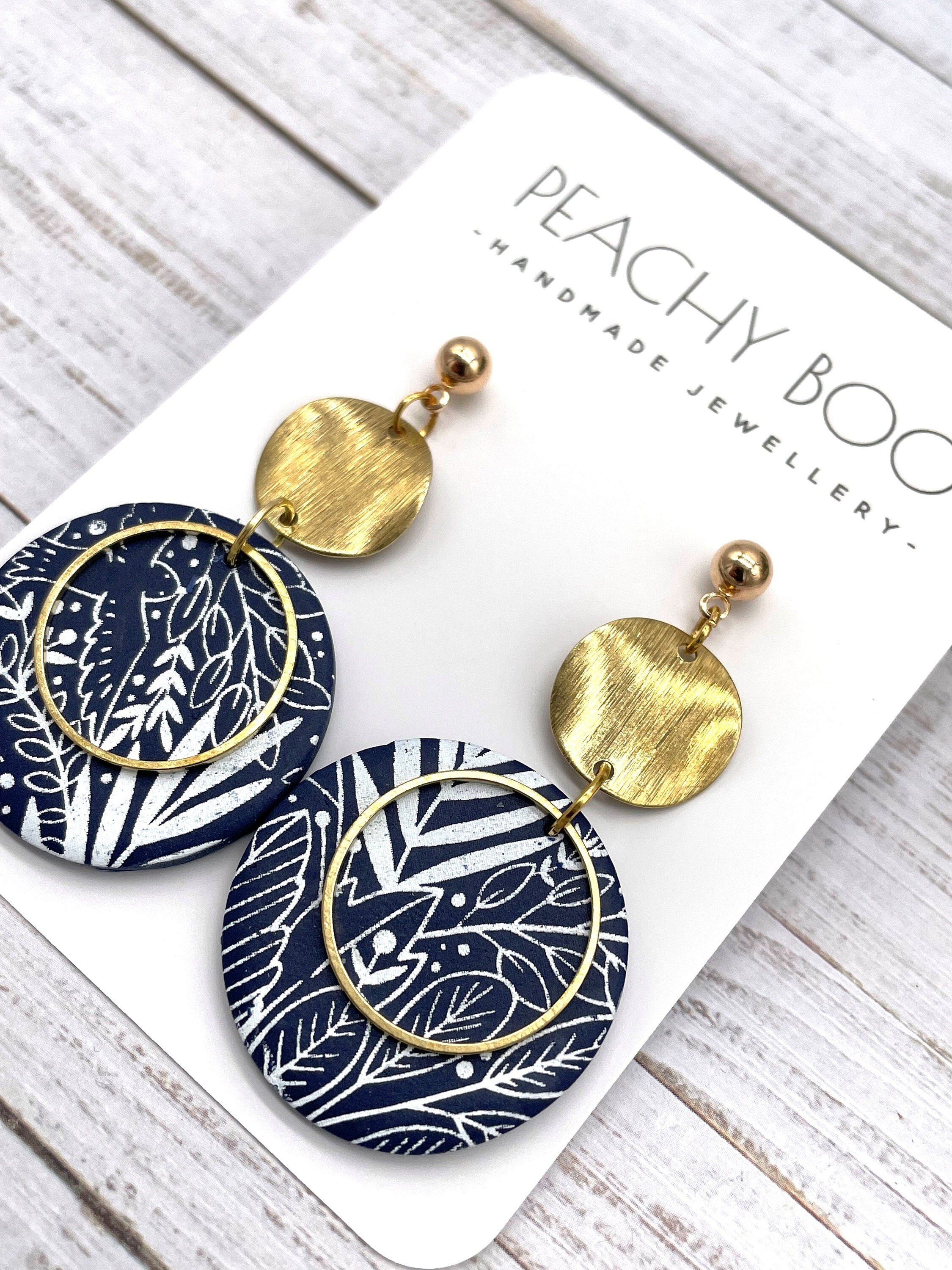 Floral Polymer Clay Dangle Earrings: Navy and White Statement Jewellery
