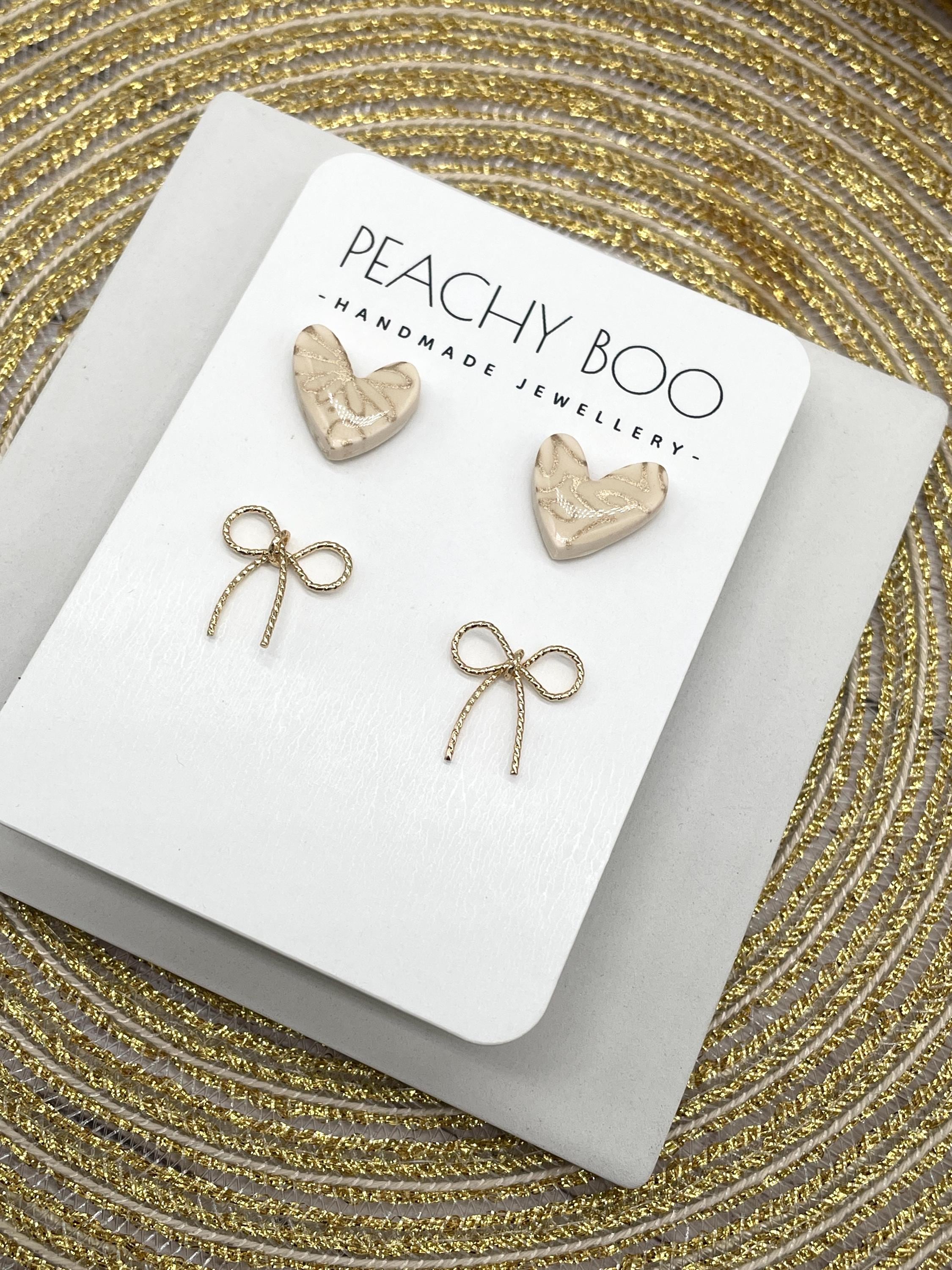 Stud Earring Pack | Polymer Clay Statement Earrings | Heart Studs | Gold Bow Studs | Handmade