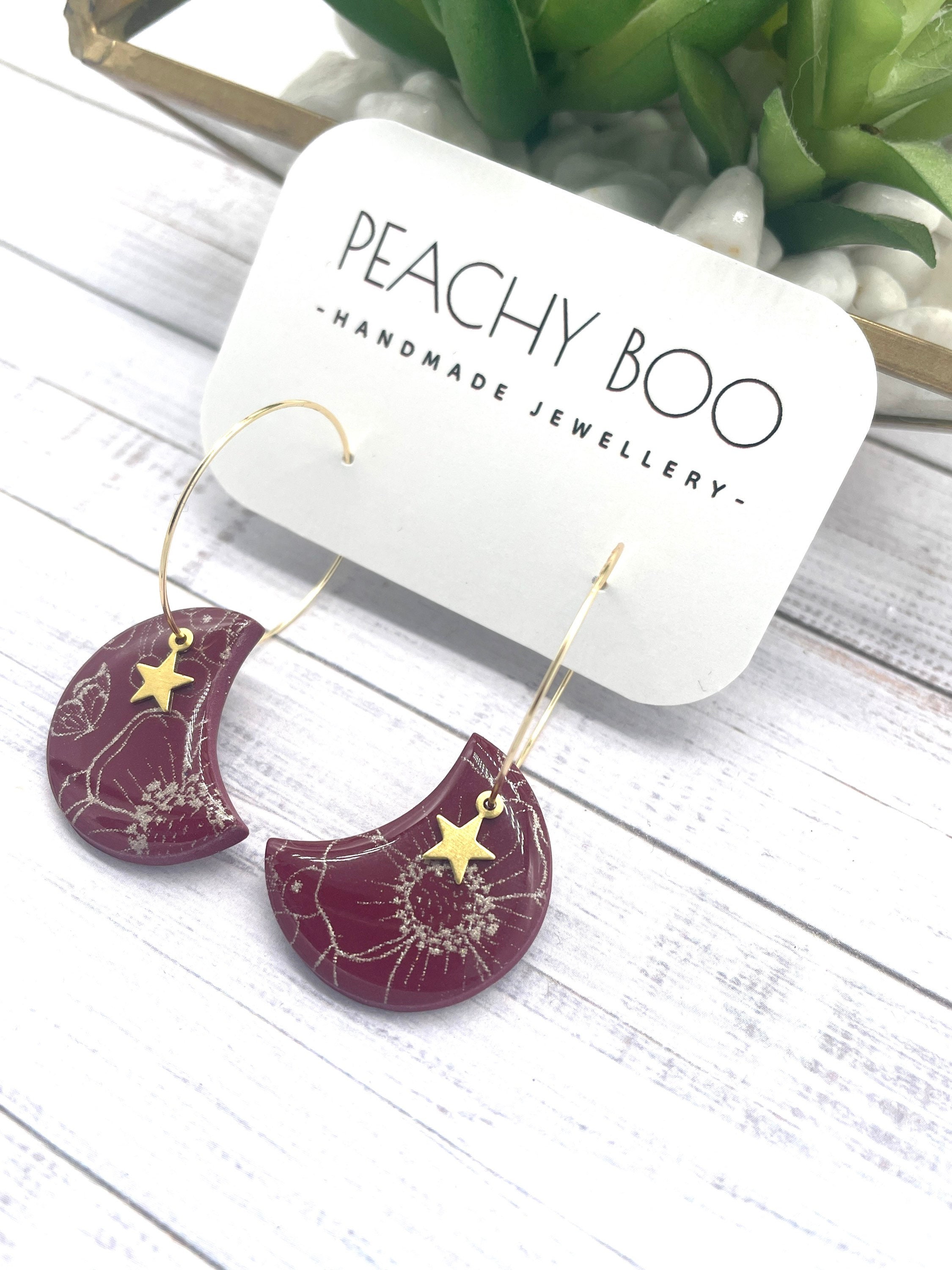 Handmade Moon and Star Hoop Earrings: Burgundy Polymer Clay Jewellery - Thumbnail 2
