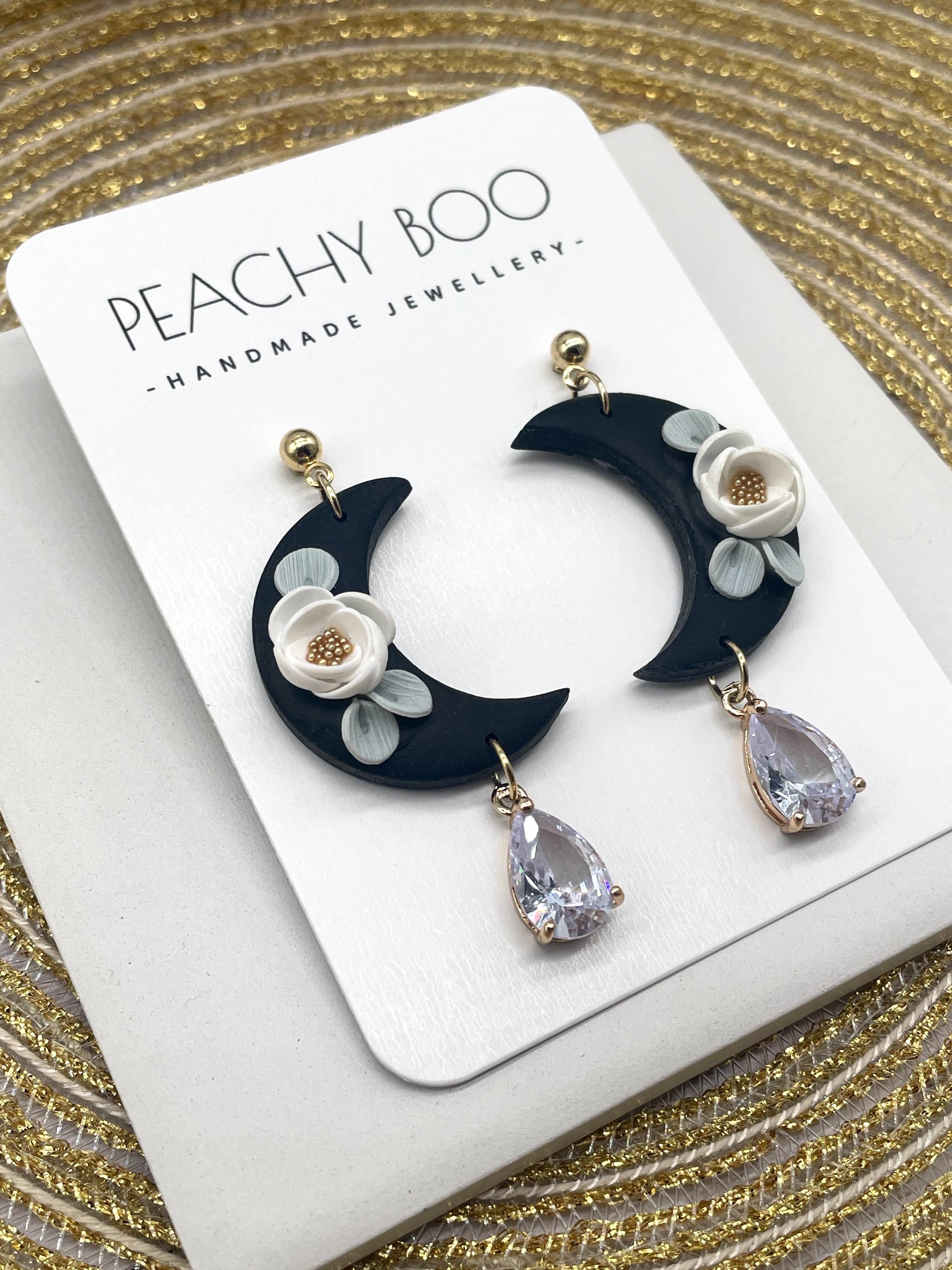 Floral Moon Gold Plated Hoop Earrings| Polymer Clay Statement Earrings | Black and White Earrings | Handmade - Thumbnail 3