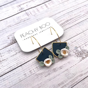Handmade Floral Polymer Clay Earrings: Gold Plated Navy & White Hoops