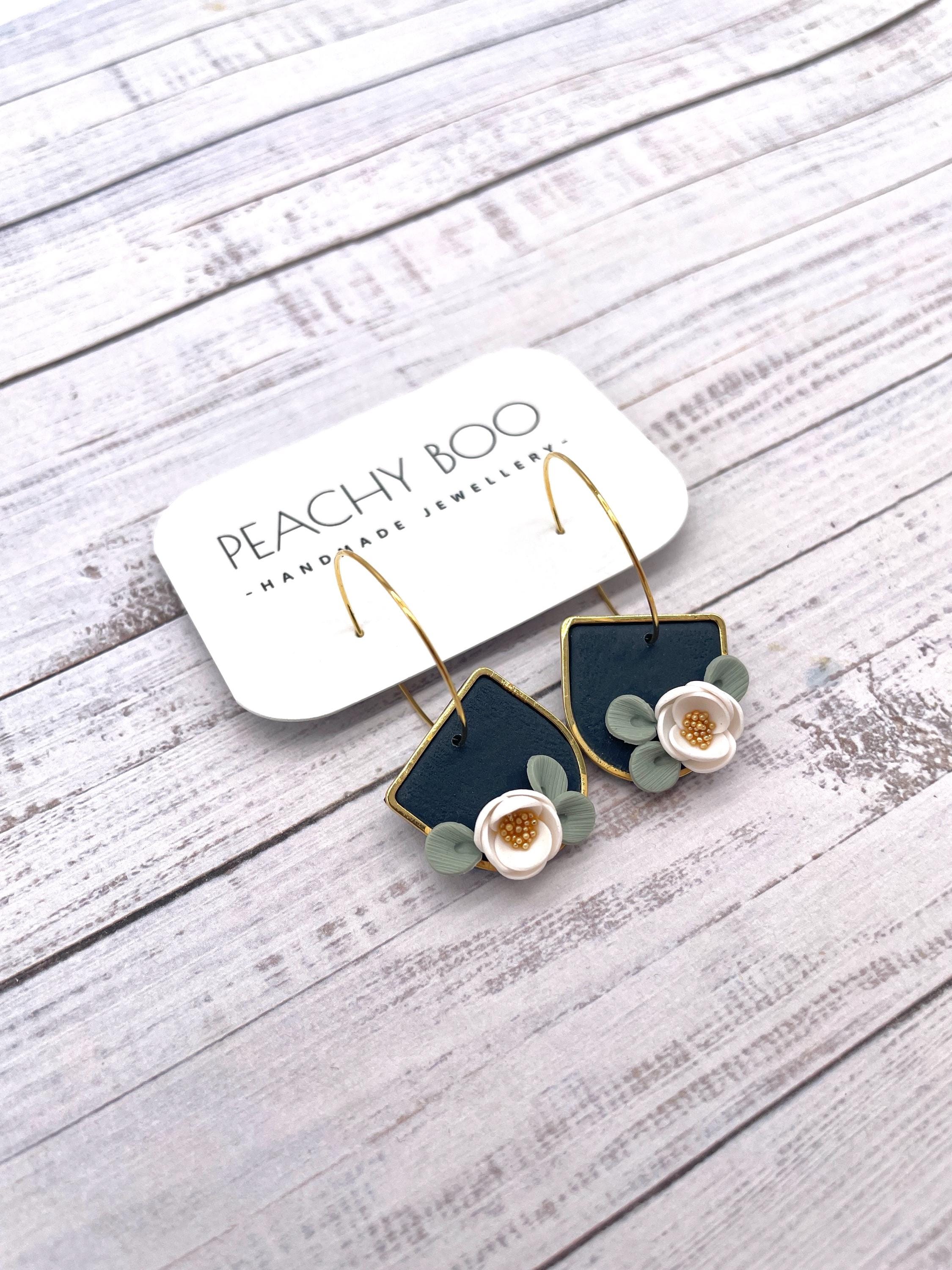 Handmade Floral Polymer Clay Earrings: Gold Plated Navy & White Hoops