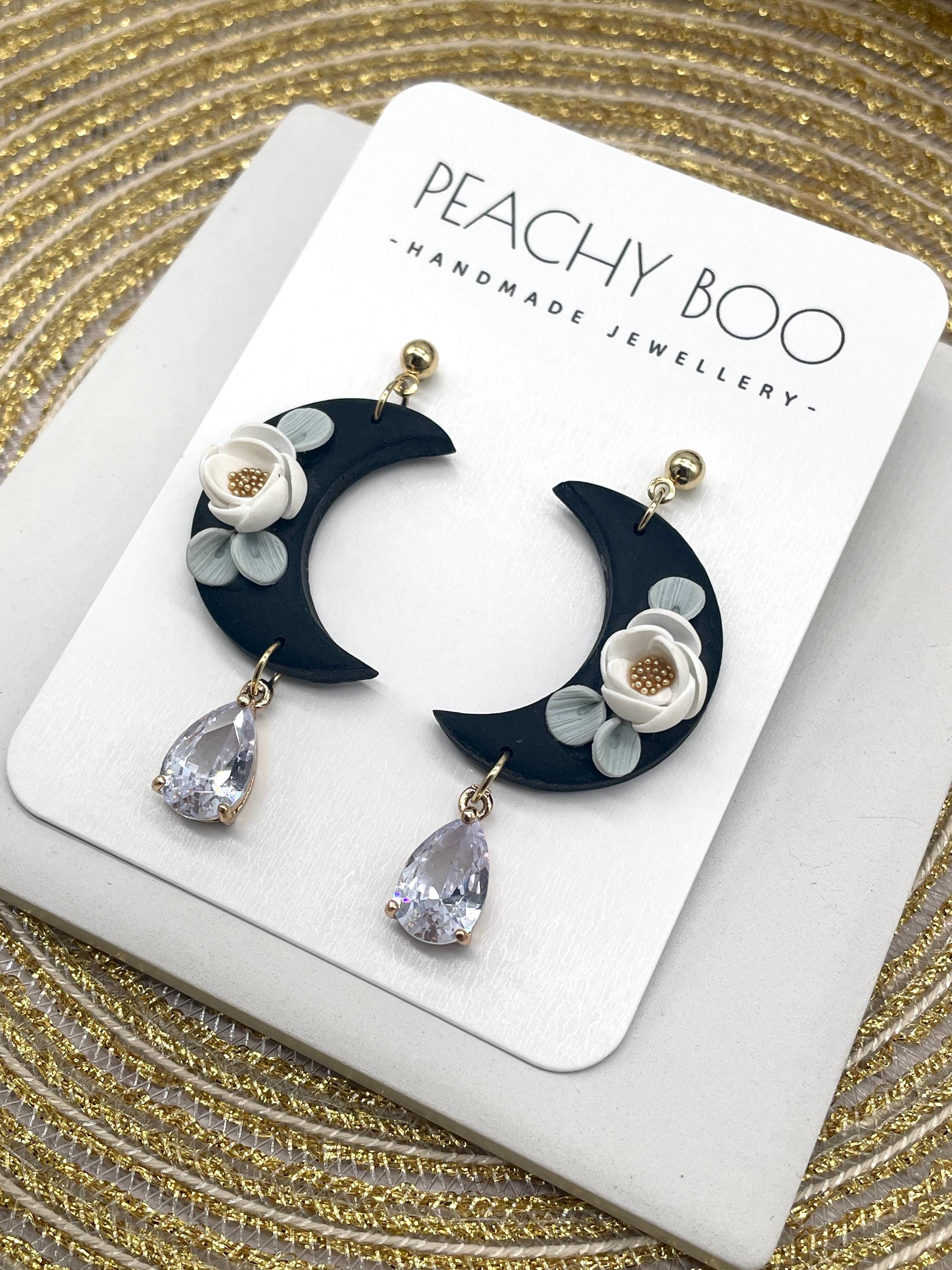 Floral Moon Gold Plated Hoop Earrings| Polymer Clay Statement Earrings | Black and White Earrings | Handmade