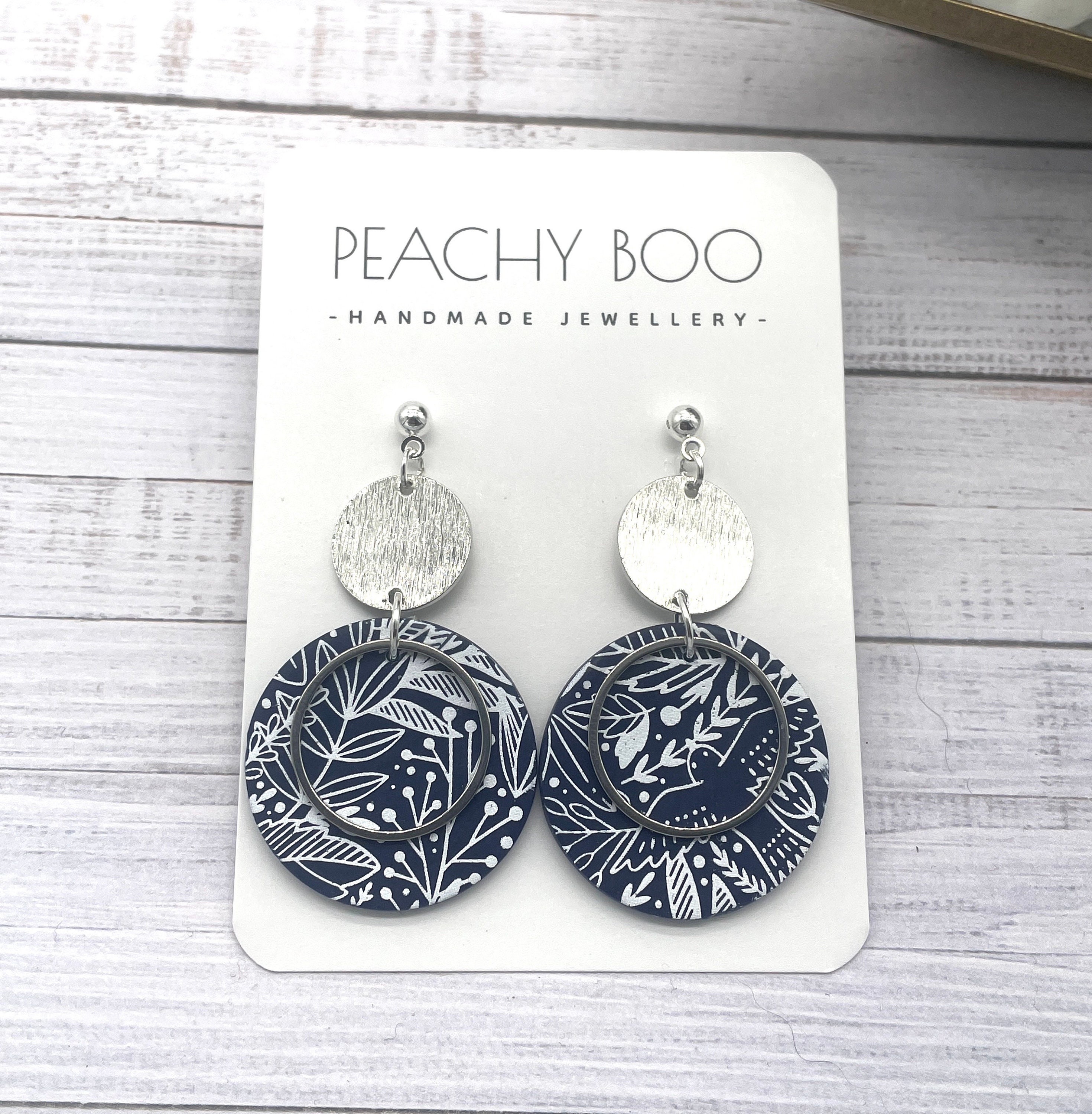 Floral Polymer Clay Dangle Earrings: Navy, White and Silver Handmade Jewellery - Thumbnail 3