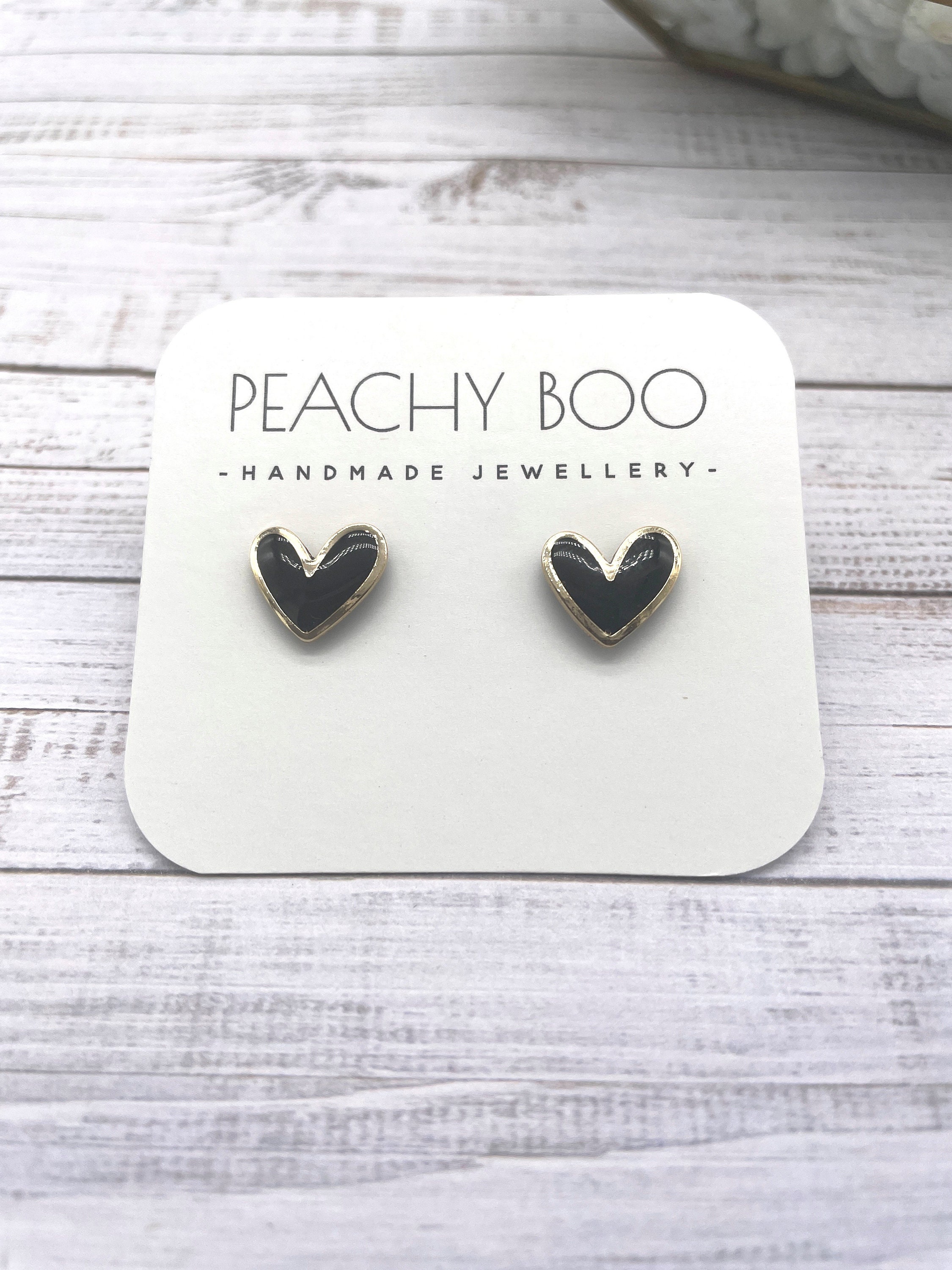 Heart Stud Earrings | Polymer Clay Statement Earrings | Black and Gold Earrings | Handmade - Thumbnail 2