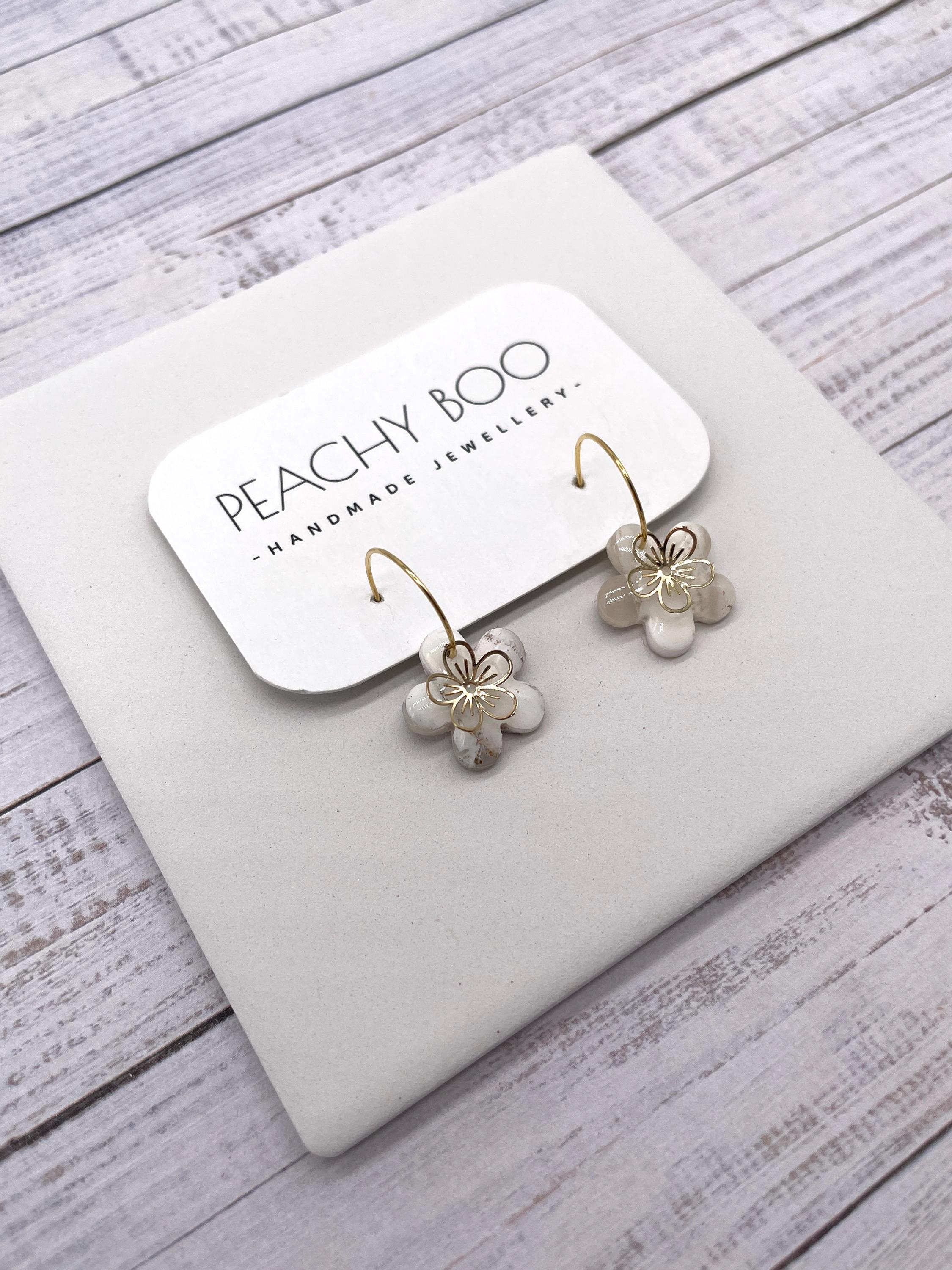 Flower Mini Hoops | Polymer Clay Statement Earrings | Cream, White and Gold Earrings | Handmade - Thumbnail 3