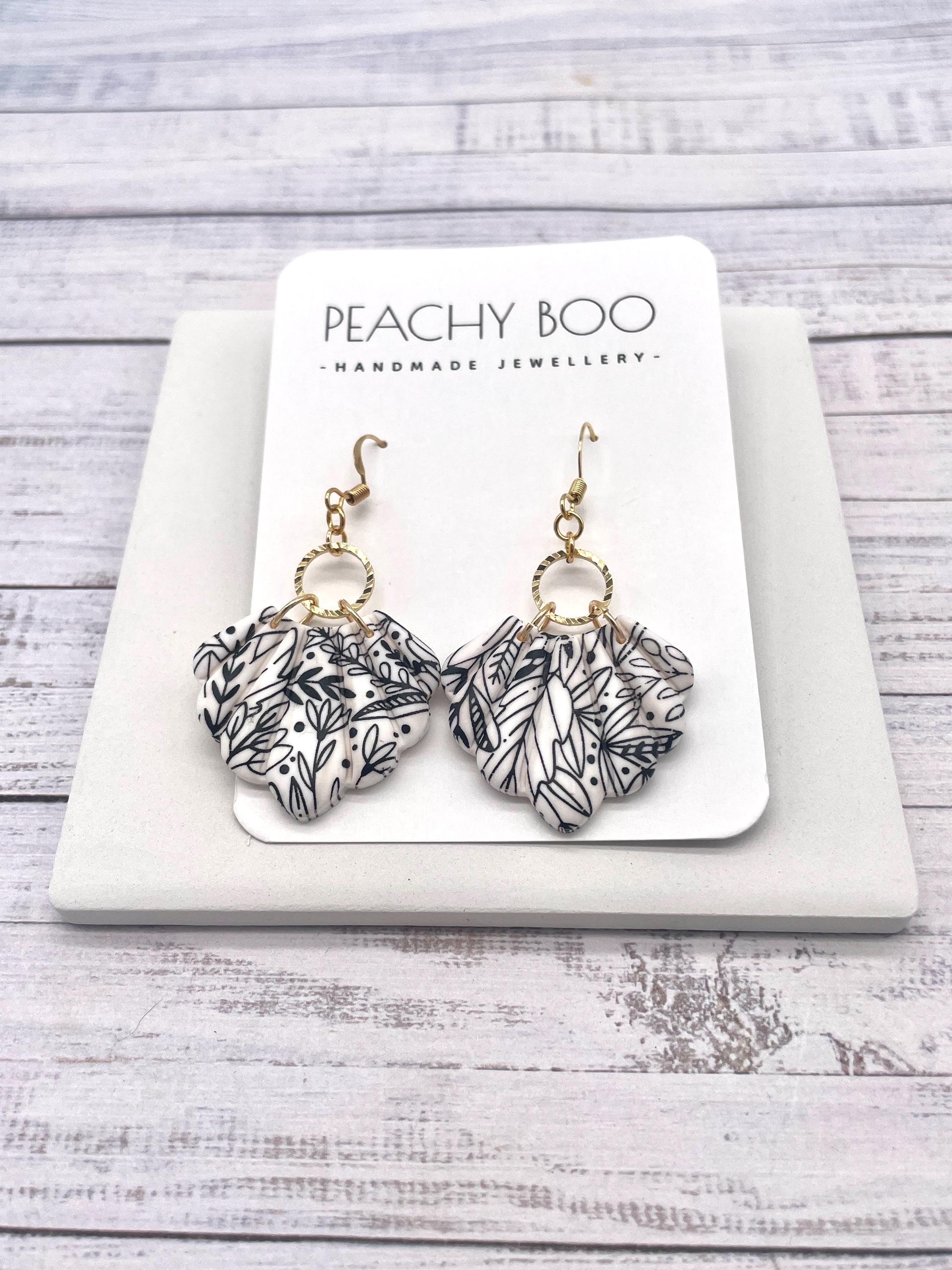 Floral Polymer Clay Earrings: Handmade Black, White & Gold Shells, Hypoallergenic - Thumbnail 2