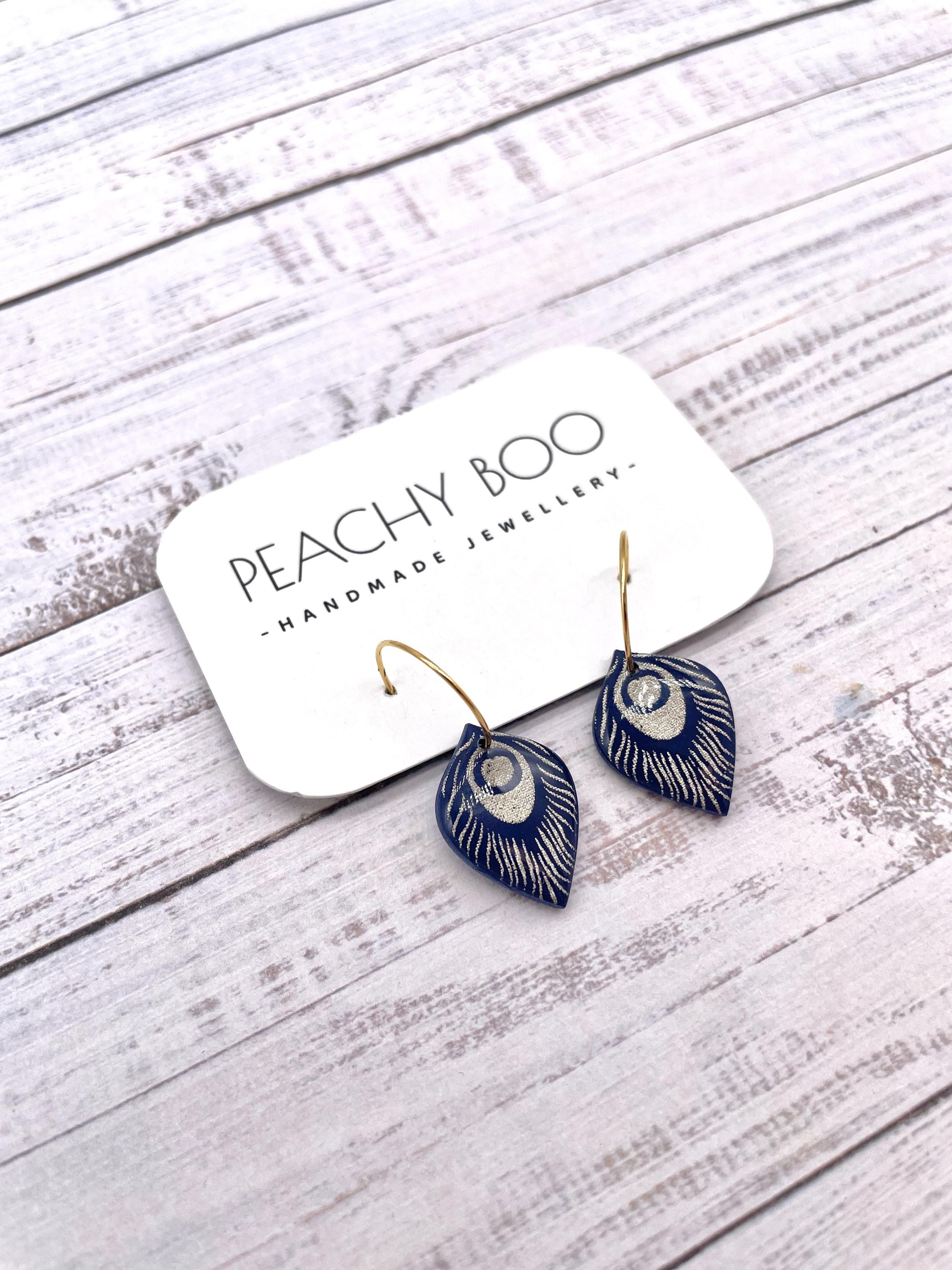 Handmade Peacock Hoop Earrings: Navy Blue Polymer Clay Jewellery - Thumbnail 2