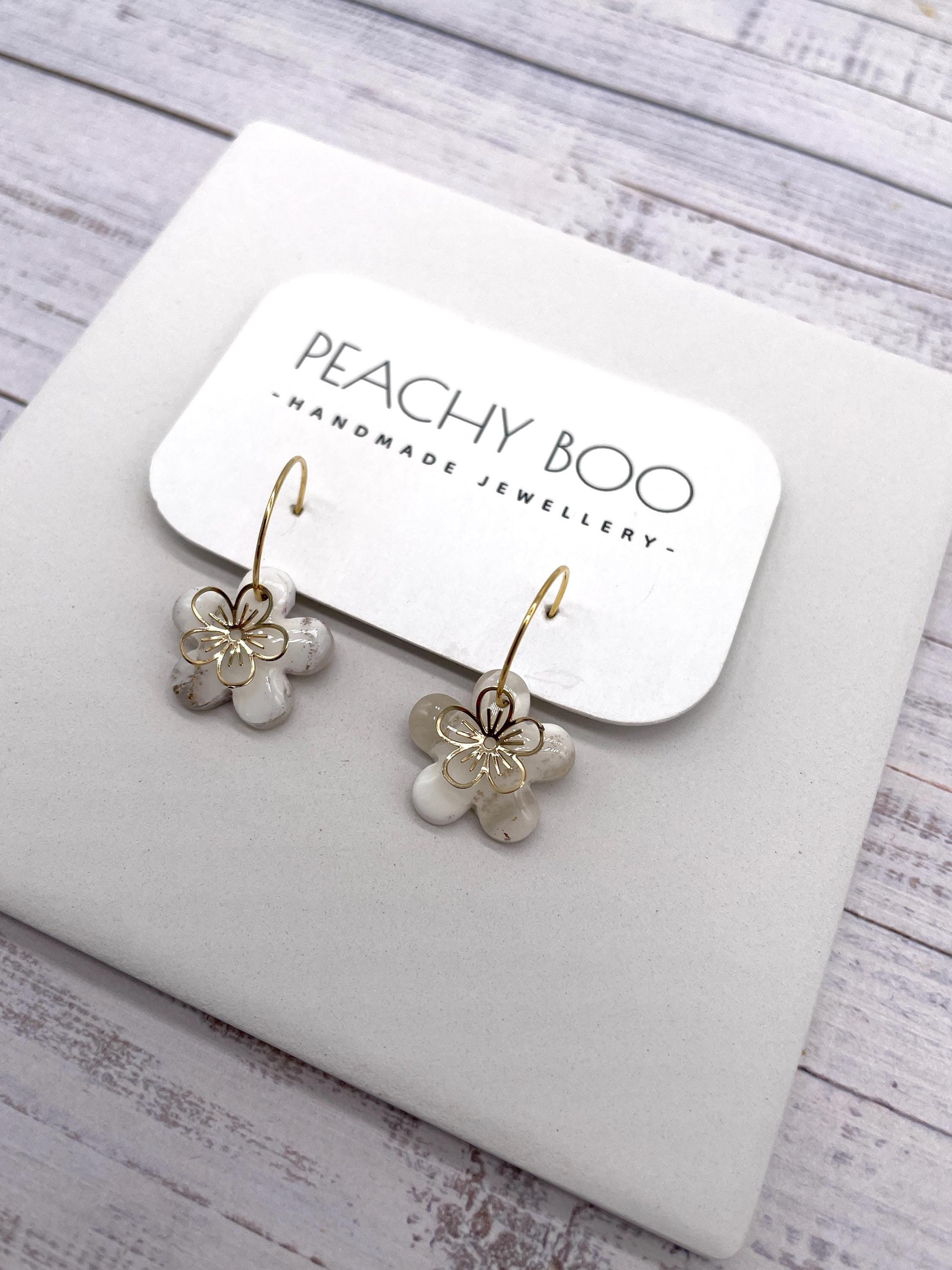 Flower Mini Hoops | Polymer Clay Statement Earrings | Cream, White and Gold Earrings | Handmade