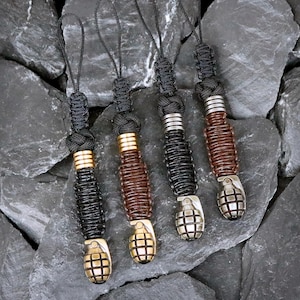 Paracord Knife Lanyard: Frag Grenade Bead, Leather Wrap