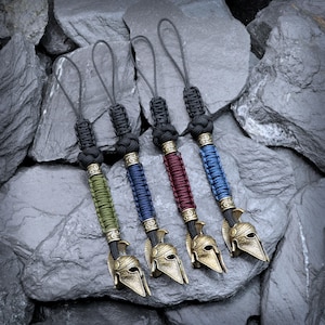 Handmade Paracord Knife Lanyard, Brass Spartan Helmet Bead, EDC Gear