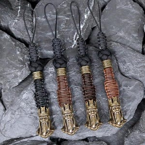 Paracord Knife Lanyard: Antique Brass Elf King Bead, Leather Wrap
