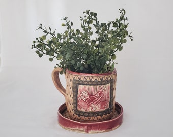 Planter-Red and White Mug Planter with Tray