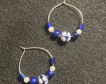 Silver Hoops - Blue and White Ceramic and Stone Bead Earrings