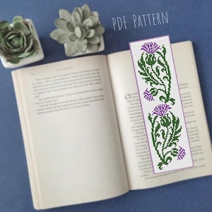 Thistle cross stitch bookmark pattern, Outlander embroidery book tracker, Floral bookmarks, Reading tracker