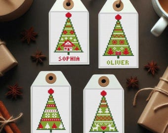 Patrón de punto de cruz de etiquetas navideñas con gráfico alfabético para tarjetas personalizadas con nombres personalizados