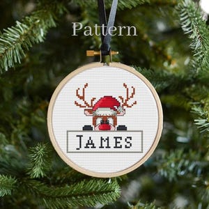 Christmas reindeer cross stitch ornament pattern for digital download, Name ornament