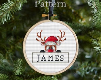 Christmas reindeer cross stitch ornament pattern for digital download, Name ornament