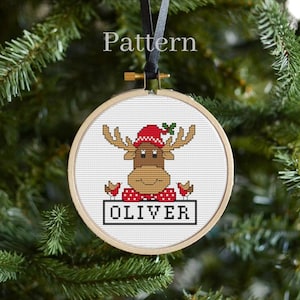 Small Christmas reindeer cross stitch ornament pattern for digital download, Name ornament for 4 inch hoop