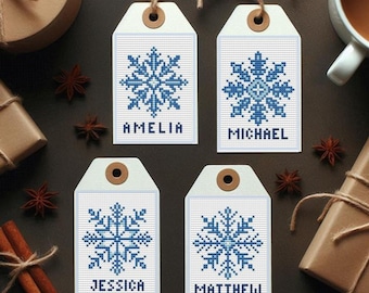 Patrón de punto de cruz de copo de nieve con gráfico alfabético para etiquetas navideñas con nombres y adornos personalizados
