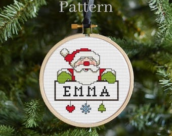 Santa Claus cross stitch ornament pattern for digital download, 4 inch hoop ornament, Name ornament