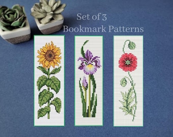 Patrón de punto de cruz de marcapáginas florales con girasoles, iris y amapolas