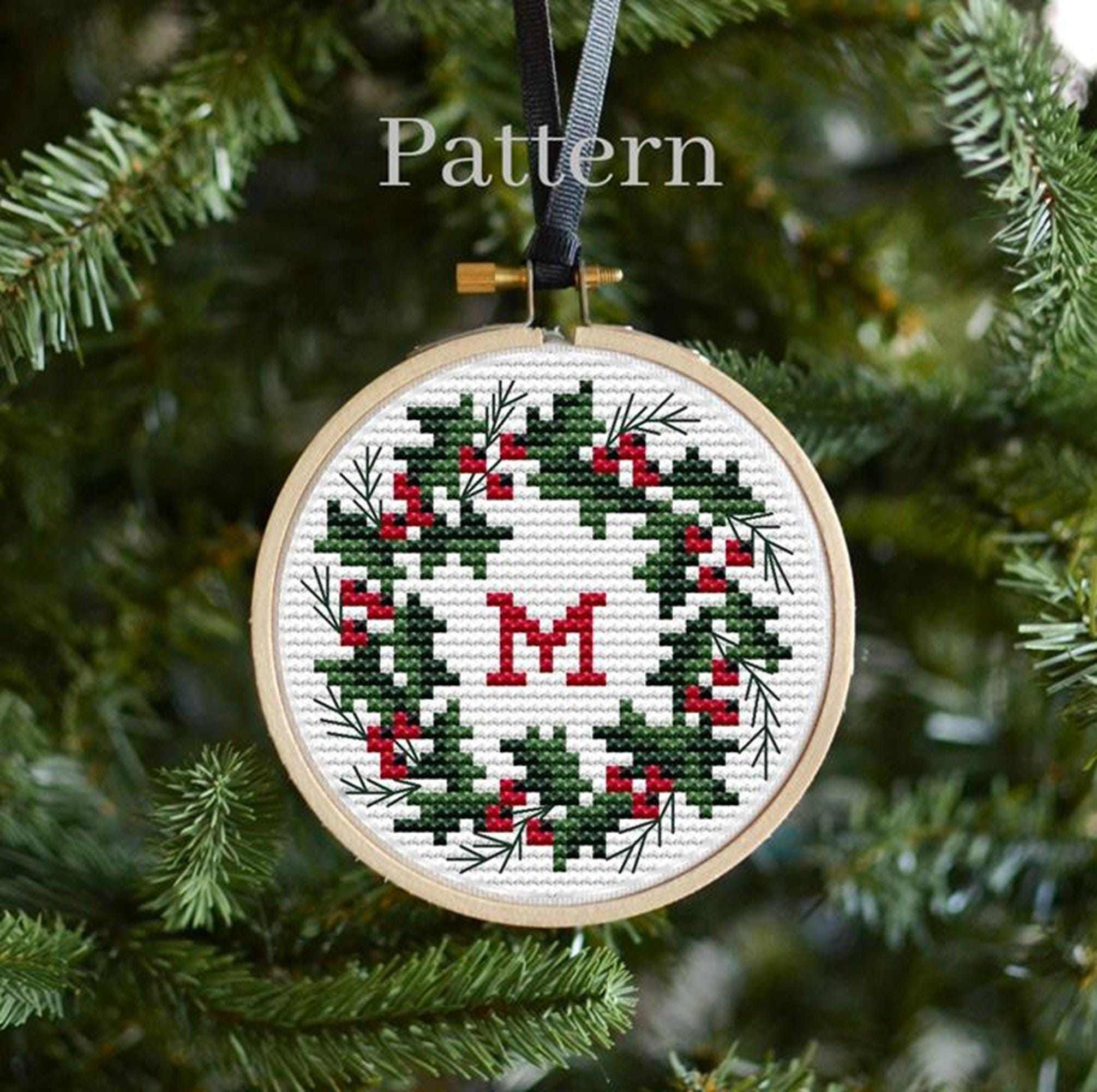 Small Christmas wreath cross stitch ornament pattern for digital download
