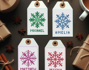 Patrón de punto de cruz de copo de nieve con gráfico alfabético para etiquetas navideñas personalizadas con nombres