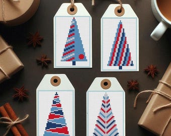 Etiquetas navideñas, patrón de punto de cruz con mini árbol de Navidad