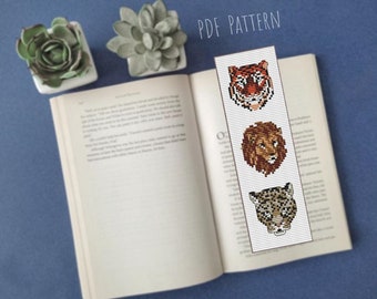 Tiger cross stitch pattern, Safari animal book tracker, Lion cross stitch reading tracker,