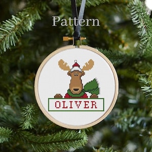 Christmas reindeer cross stitch ornament pattern with alphabet chart, Name ornament with ABC chart