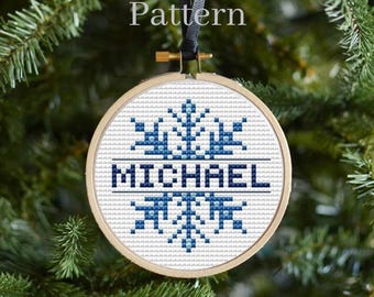 Small Christmas snowflake cross stitch personalized ornament pattern, Family name ornament digital download