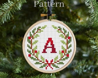 Small Christmas wreath cross stitch ornament pattern for digital download
