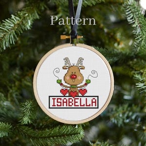 Christmas reindeer cross stitch ornament pattern with ABC chart, Name ornament with alphabet chart, Personalized ornament