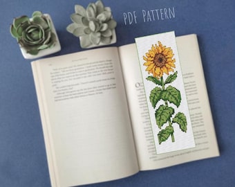 Sunflower cross stitch bookmark pattern, Sunflower bookmark tracker, Floral book marks