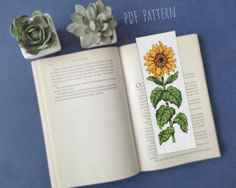 Marcapáginas de punto de cruz con diseño de girasol para bordado floral a mano.