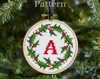 Small Christmas wreath cross stitch ornament pattern for digital download