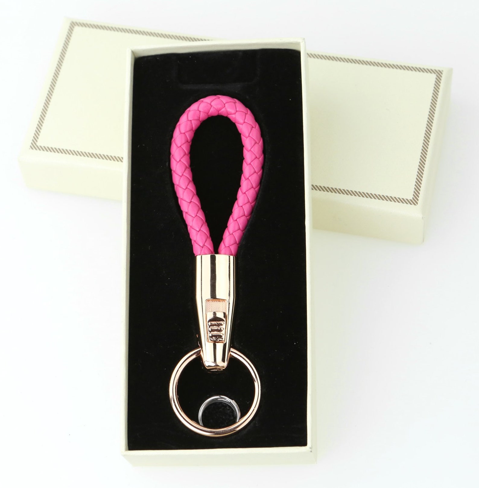 Leather Pink Key Chain Braided Lanyard Keychain Loop Etsy