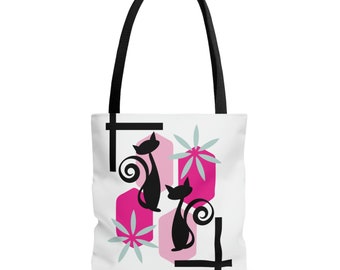 Mid-Century Modern Tote Bag, MCM Black Cats, Weiß
