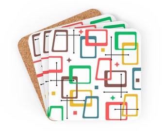 Mid-Century Modern Coaster Set | 4-Piece Coaster Set | Cork Backed Coaster | Multicolor