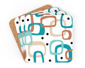 Mid-Century Modern Coaster Set, 4-Piece Coaster Set, MCM Cork Backed Coasters