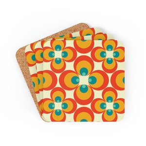 Mid-Century Modern Coaster Set, 4-Piece Coaster Set, Retro Flowers Cork Backed Coasters