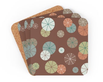 Mid-Century Modern Coaster Set | 4-Piece Coaster Set | Cork Backed Coaster | Cirlces | Brown