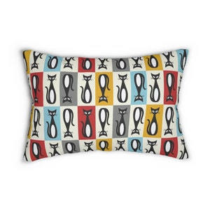 Mid-Century Modern Cat Pillow, Mid-Century Modern Lumbar Pillow, Red, Teal, Yellow, Gray