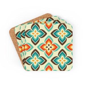 Mid-Century Modern Coaster Set, 4-Piece Coaster Set, Retro Flowers Cork Backed Coasters