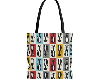 Mid-Century Modern Tote Bag, MCM Schwarze Katze, Rot, Petrol, Gelb, Grau