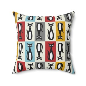 Mid-Century Modern Square Pillow, Mid-Century Modern Cat Pillow, Red, Yellow, Teal, Gray