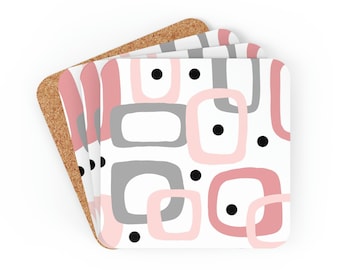 Mid-Century Modern Coaster Set, 4-Piece Coaster Set, MCM Cork Backed Coasters