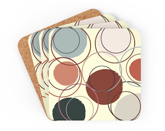 Mid-Century Modern Coaster Set | 4-Piece Coaster Set | Cork Backed Coaster | Circles