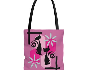 Mid-Century Modern Tote Bag, MCM Black Cats, Pink